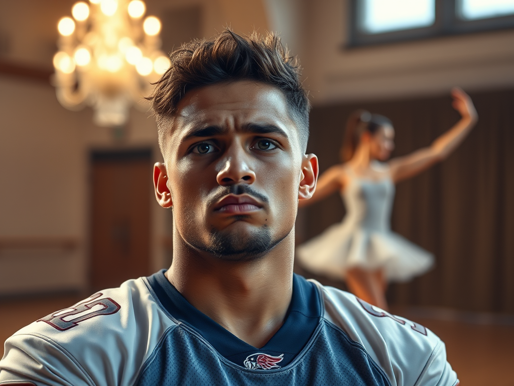 A football player is set at a ballet practice to emphasize using scenes that juxtapose the character's traits