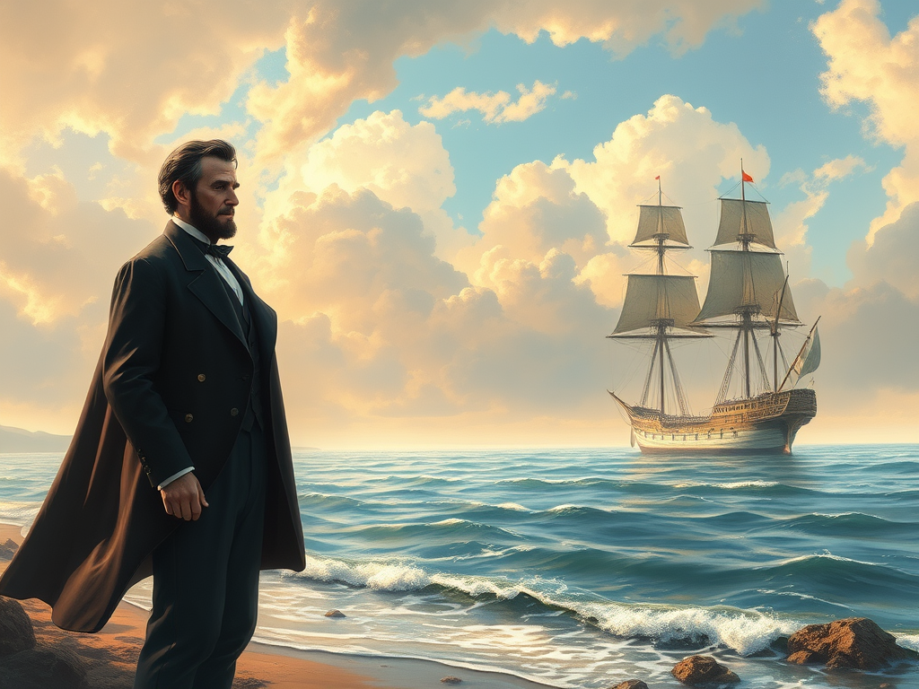 A picture of Abraham Lincoln and a ship in the distance to depict the extended metaphor in Whitman's "O Captain" poem to exemplify extended metaphor