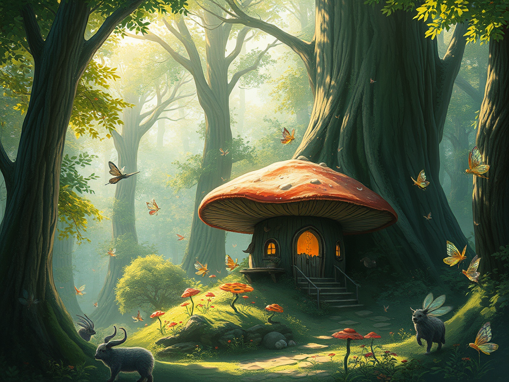 A magical forest with a mushroom house using symbolism and world building to create setting