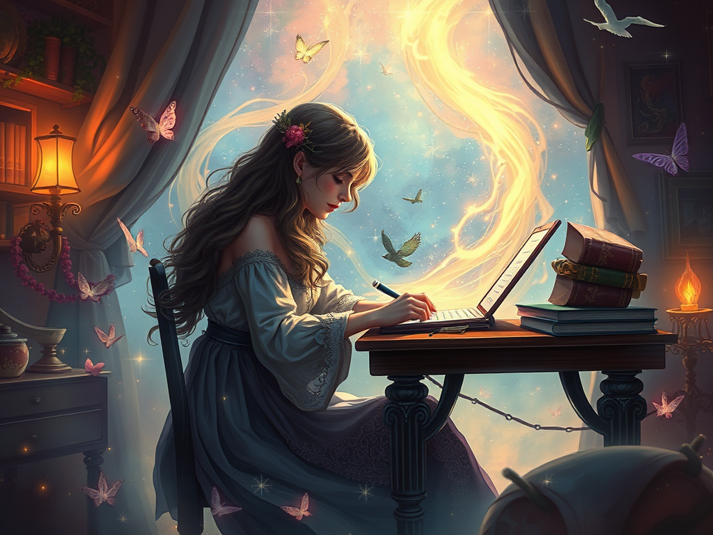 An animated female character sits at a desk writing with imaginary elements all around her representing the use of literary devices to use in writing prompts