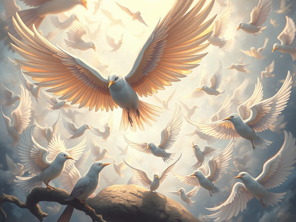 More and more doves flying together to suggest symbolism through motif in a story