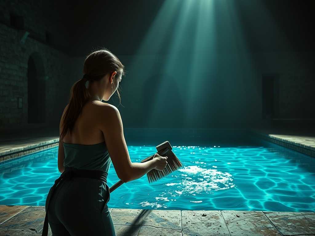 A picture of a girl looking over a supernatural pool with lights coming down representing the man vs. supernatural story conflict