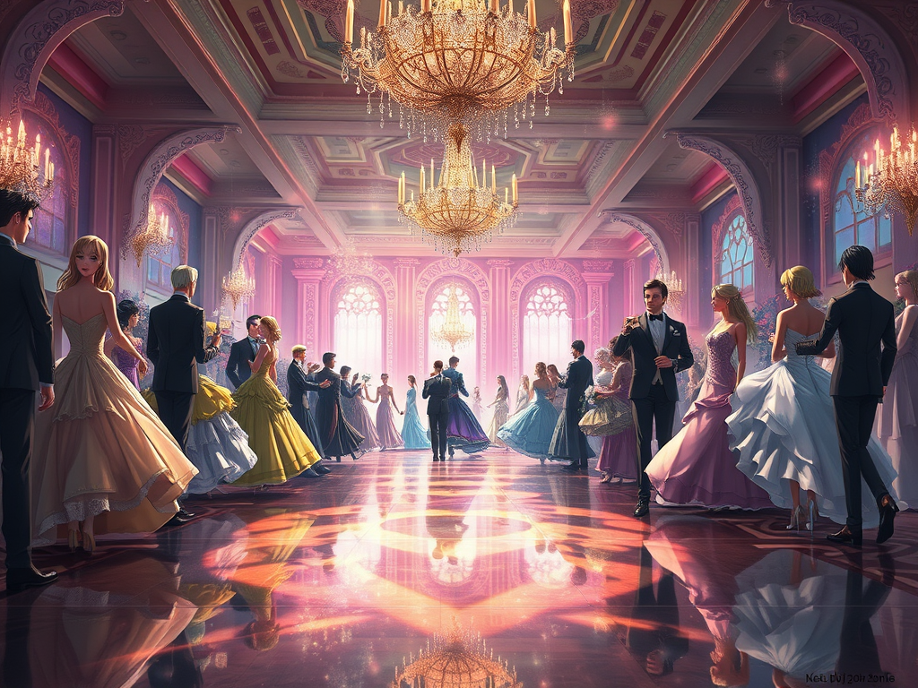 Multiple couples and single people in a ballroom to express different points of view in storytelling