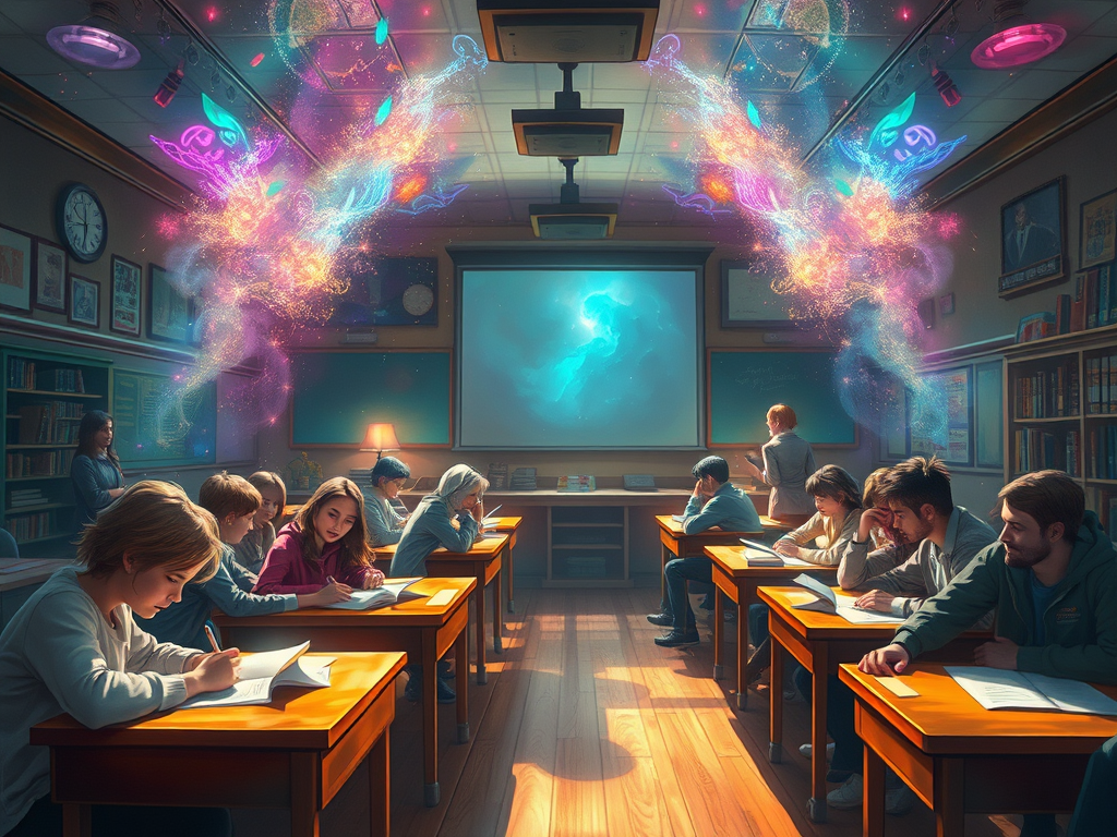 A classroom of students with a mysterious luminous sci-fi light o express different story genres