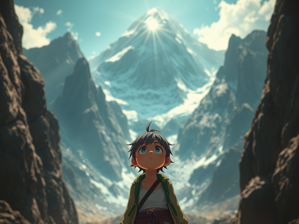 An animated boy looking fearful at the big mountains he's going to have to climb representing sequence 5 in a story