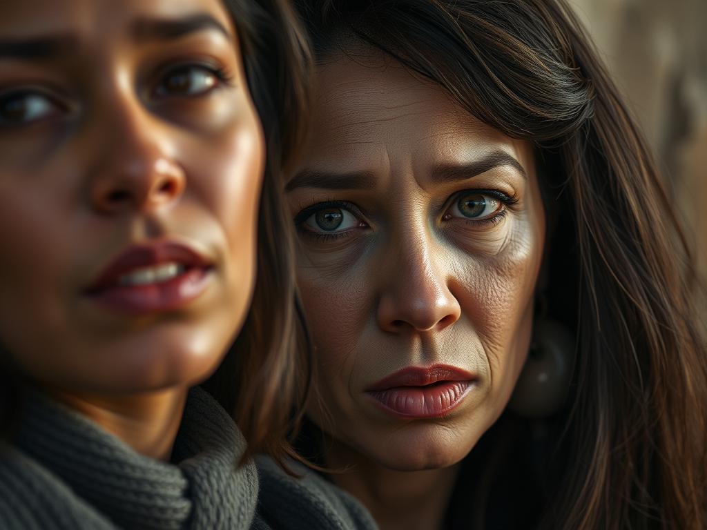 Two closeups expressing emotion of a woman's face...an earlier younger version and an aged older version expressing emotional change, which leads to finding your voice in story