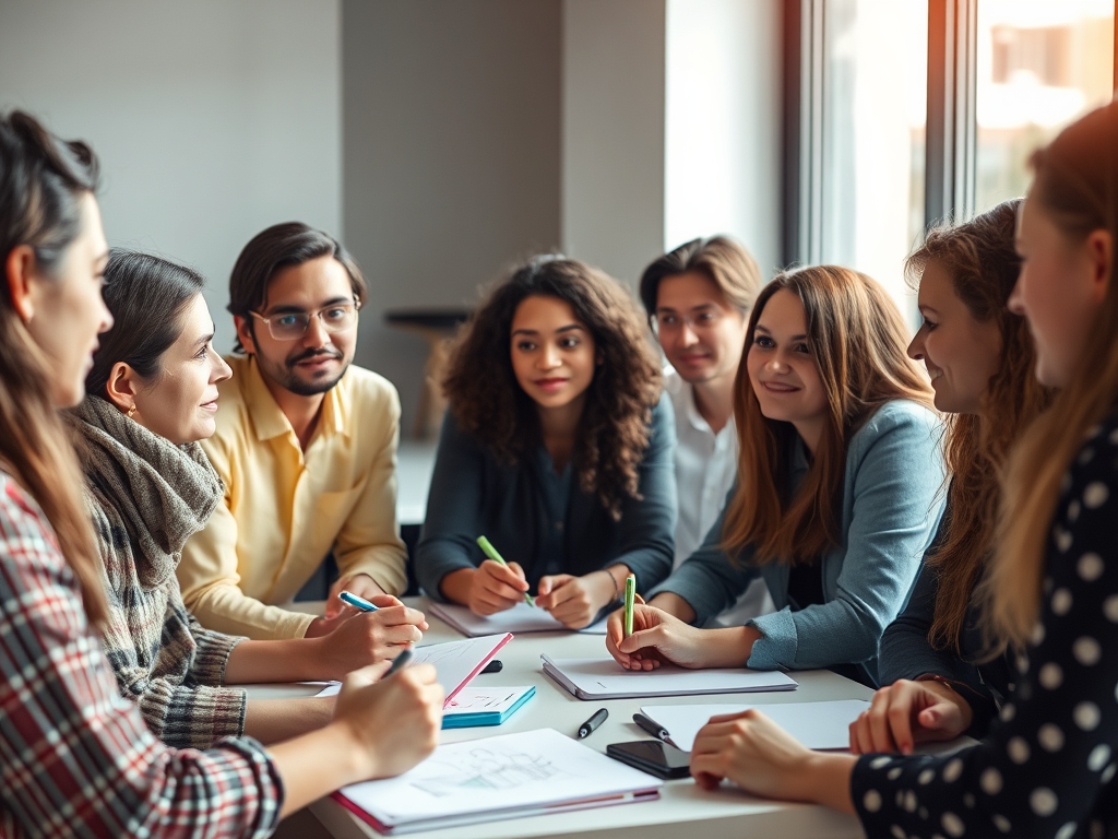 A group of students at a table workshopping, giving writing feedback politely yet constructively,