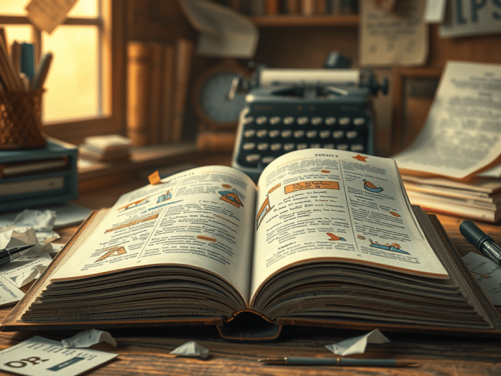 An open book with pictures and highlights surrounded by pages ripped out around it...emphasizing building story structure and outlining a story