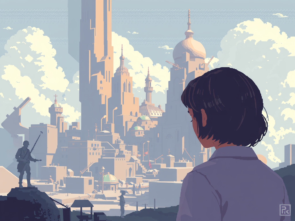 A character looking down at a dystopian city emphasizing the character's point of view