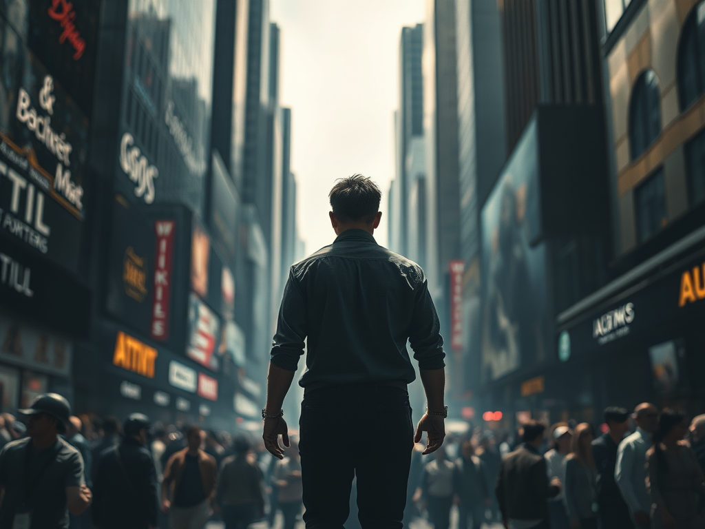 A man faces a crowd of people representing the man vs. society conflict in story