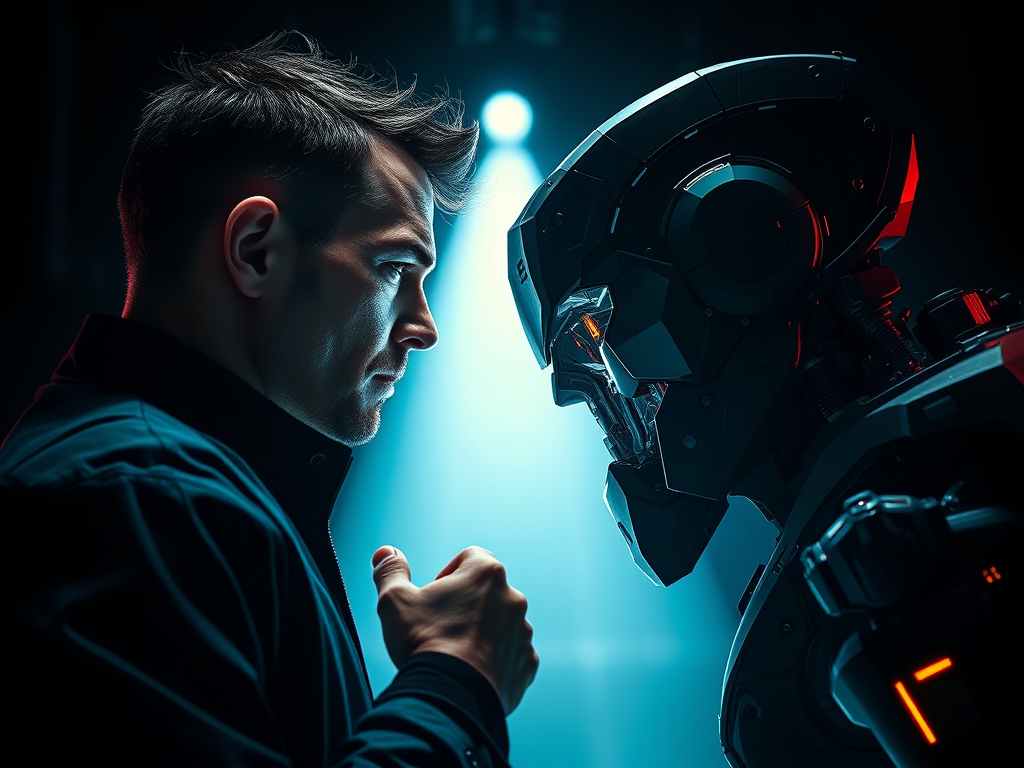A man and robot are head to head representing the man vs. technology story conflict