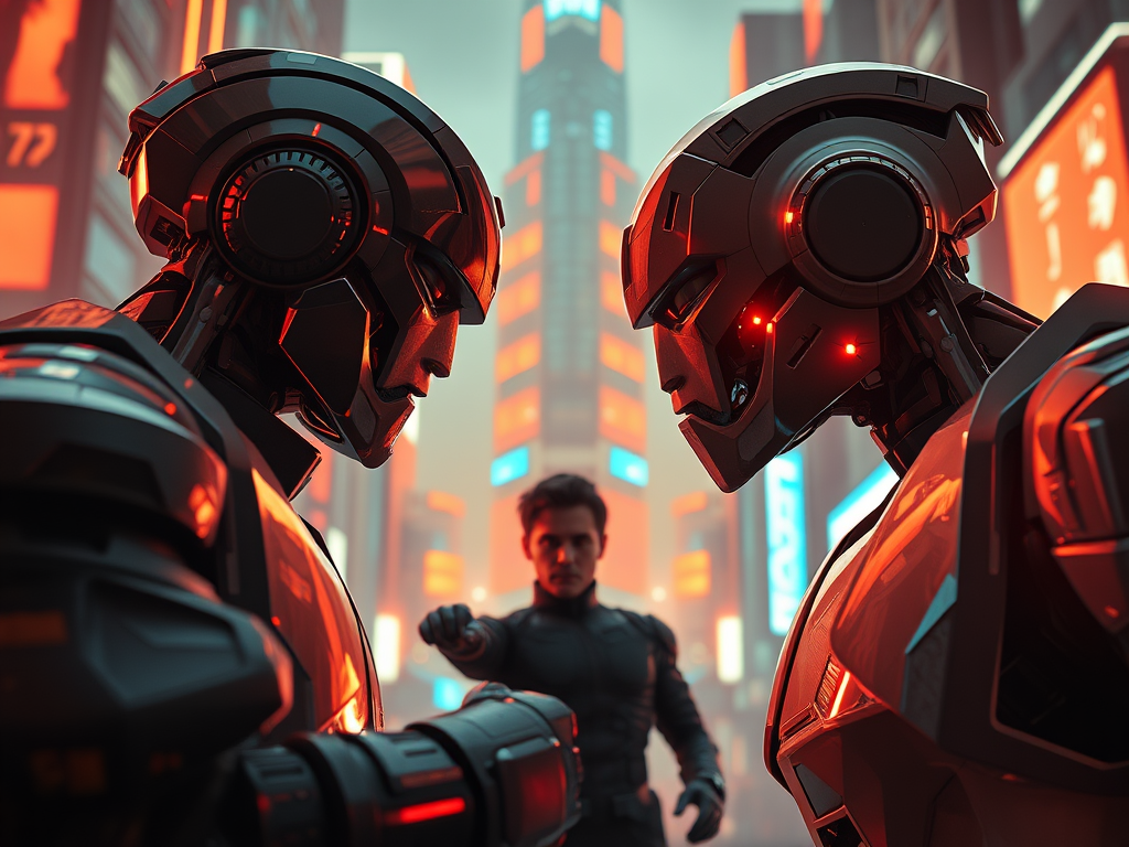 Tow robots are head-to-head with a man trying to stop them, which shows a type of story conflict