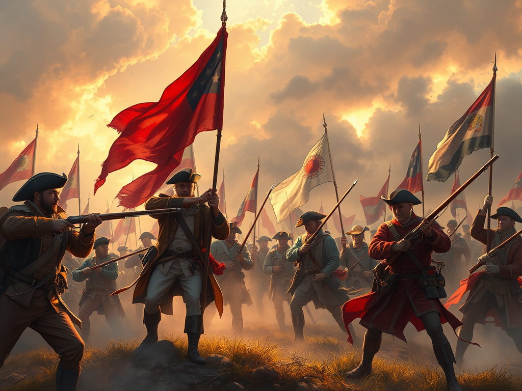 A picture of American revolutionary soldiers carrying flags as a form of initial repetition to emphasize anaphora