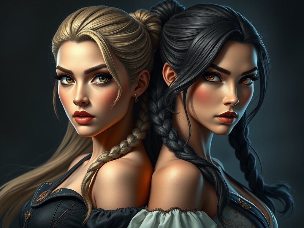 Two strong women standing beside each other but one has a softer expression as a comparison between a metaphor and a simile, which is softer