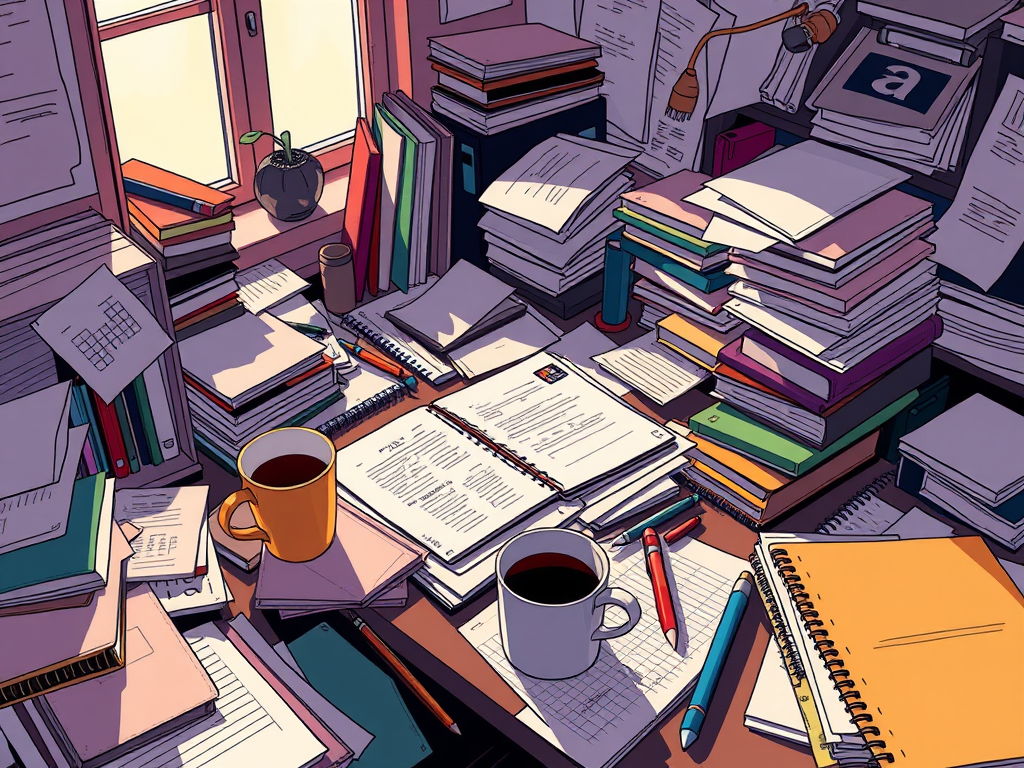 A picture of a multitude of books, journals, to-do-lists and filled coffee mugs and scattered pens to represent how difficult it is to make time to write in our busy chaotic world