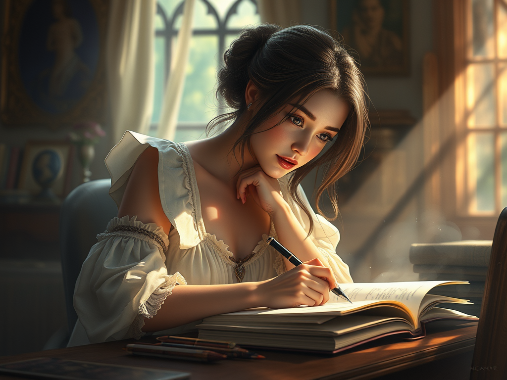 a female character writing and contemplating theme